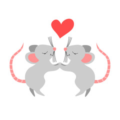 Cute cartoon rats couple with heart shape isolated on white background. Funny rodents for Valentines day greeting card. Flat vector illustration.