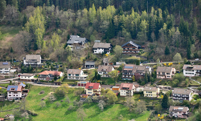 Fototapeta na wymiar Beautiful, small and sweet German village, next to the beautiful Schwarzwald forest, aerial view