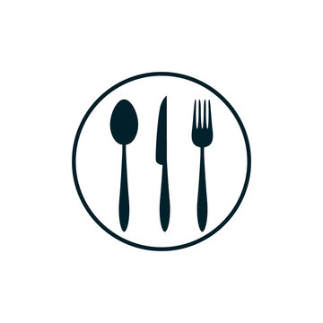Spoon, fork and knife icon on white. Vector illustration