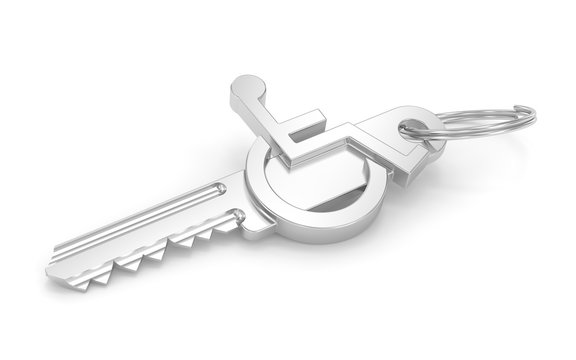 The key to accessibility. Metalic key and accessibility sign over a white background. 3D rendering and image concept. Part of a series.