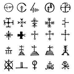 Mystic set with magic circles, pentagram and imaginary chakras symbols. Collection of icons with witchcraft and occult hand writing letters. Esoteric concept. Vector