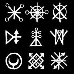 Set of esoteric sacred geometric written symbols. Abstract mystic signs collection. Vector.