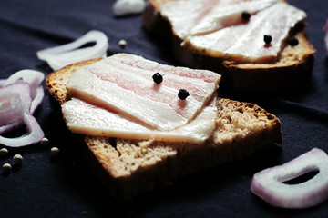 Lard with black bread and onions on a wooden board on a tablecloth