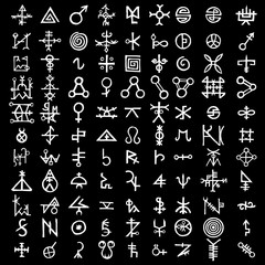 Large set of alchemical symbols on the theme of old manuscript with occult lyrics alphabet and symbols. Esoteric written signs inspired by medieval writings. Vector