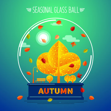 autumn park in a glass ball on a blue-green background
