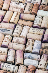 Moscow, Russia-August 29, 2019: background from wine cork wine producers