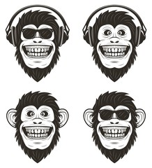 Funny music monkey set, vector hand drawn illustration