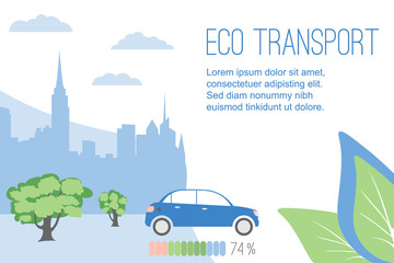 Eco transport concept. The electric car with a indication and trees on a background of a city. Vector illustration in flat style with leaves in a corners. Template for banner or landing page.