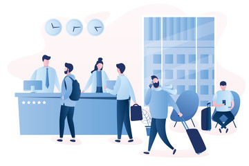 Hotel reception desk,interior with furniture,people receptionists and travellers with luggage