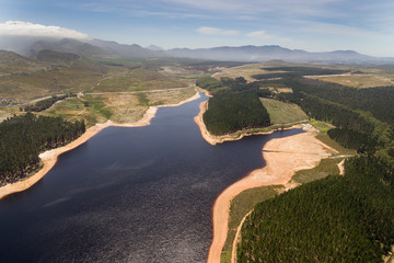 Cape Town, Jan 21 2019: The Steenbras Dam, one of the main water supply dams to Cape Town, at very low levels. 