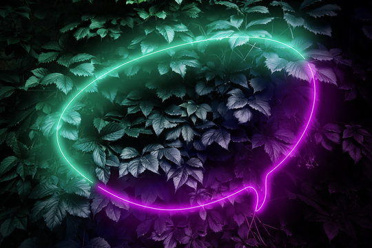 Modern futuristic glowing purple and turquoise bright neon frame sign speech bubble