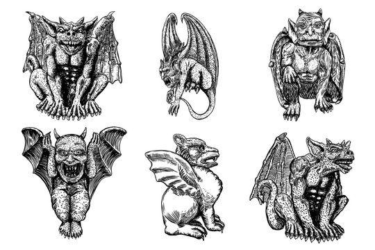 Set of mythological ancient gargoyle creatures, human and dragon like chimera with bat wings and horns. Mythical gargouille with fangs and claws. Engraved hand drawn sketch. Vector.