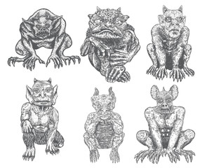 Set of demon vampires, human like monsters creatures chimera with fangs horns, and claws. Seating in aggressive position. Mystic and occult hand drawn engraved devil vector. © desertsands
