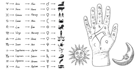 Fortune teller hand with Palmistry diagram and zodiac constellations. Magic alchemy spirituality symbol. Hand drawn sketchy palm reading with mystic and occult hand drawn esoteric symbols. Vector. - obrazy, fototapety, plakaty