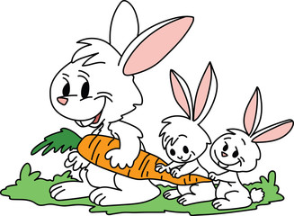 Two white cartoon bunnies following their mother holding a carrot vector illustration