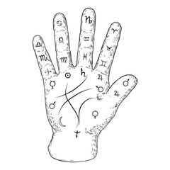 Obraz premium Palmistry. Esoteric occult symbols on hand, palm of prophecy or reading design. Hand drawing. Vector.