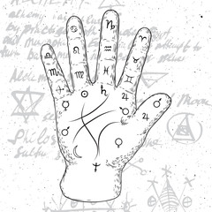 Fototapeta premium Chiromancy hand, ancient palm reading drawing and spiritual symbols. Divination and prediction, palmistry map on open hand with signs of the planets. Magic witchcraft writing background. Vector.