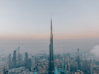 Aerial of the Burj Khalifa while sunrise in Dubai, United Arab Emirates