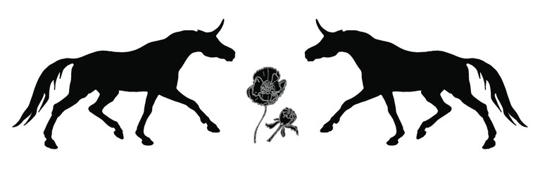 Fototapeta na wymiar vector isolated image of the figure, the black silhouettes of two running unicorns on a white background and poppy flowers