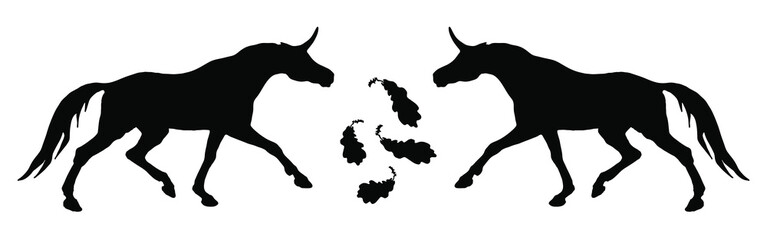vector isolated image of the figure, the black silhouettes of two running unicorns on a white background and oak leaves
