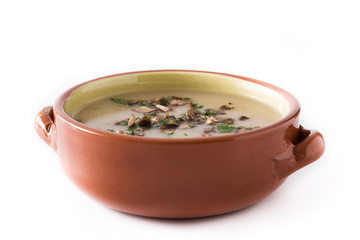 Homemade mushroom soup isolated on white background.