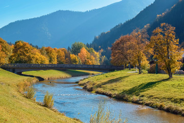 Fototapeta premium Wooden bridge over calm river in an autumn park with orange trees in the mountains in Alps