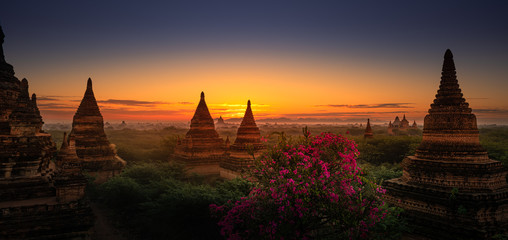 Bagan City Myanmar Burma Beautiful Sunrise Panorama over the Brick Pagodas