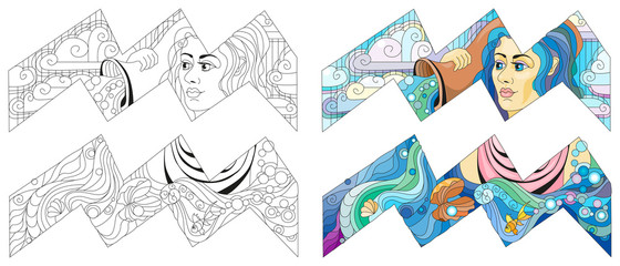 Aquarius zodiac sign cute cartoon character retro zentangle stylized in vector