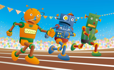 運動会で短距離走をするロボット達