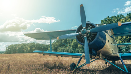 Beautiful blue and yellow airplane on a forest and sky background. Vintage aircraft. © Oleksandr