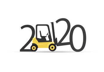Happy new year 2020. 2020 with yellow forklift