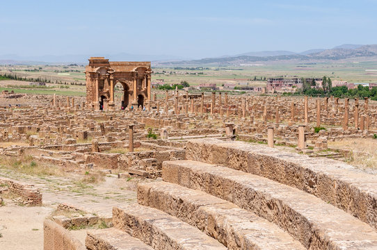 Timgad, Algeria - 05/07/2015: Ruins of ancient Roman city of Timgad/Thamugadi.