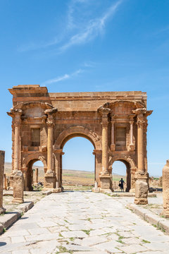 Timgad, Algeria - 05/07/2015: Ruins of ancient Roman city of Timgad/Thamugadi.