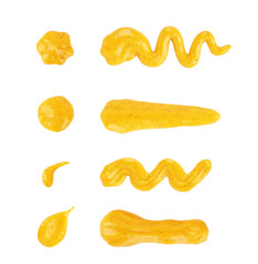 Set of drips of Mustard sauces of different shapes on a white background