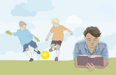 Spending free time after school - boys playing soccer and reading a book - vector illustration