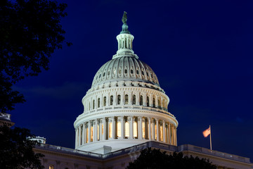 Obraz premium Capitol Dome at Night - A close-up night view of the dome of the U.S. Capitol Building. Washington, D.C., USA. It's a public building. No recognizable trademark, logo or person in the image.