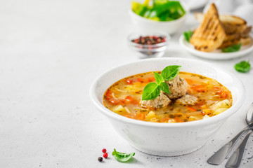 Meatball soup. Selective focus, copy space.