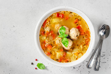 Meatball soup. Top view, copy space.
