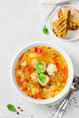 Meatball soup. Top view, copy space.