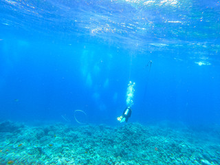 Diving time and underwater photo of ocean. 