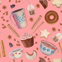 Sweet seamless pattern painted with acrylics. Cookies, donuts, cupcake, chocolate, anise, coffee beans, tea bags and cute cups on a pink background. For packaging design, wrapper, fabric and etc.