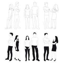 Vector silhouettes men and women standing, different poses, group  business  people,  linear sketch,  black color, isolated on white background