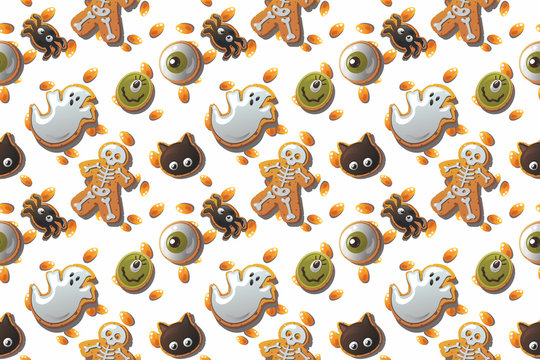 Seamless pattern with halloween holiday attributes. Images of cute pumpkins, skeleton, ghost, monster .Vector graphic