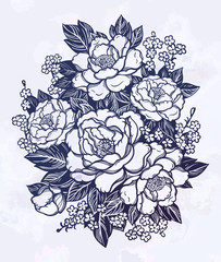 Peonies or roses. Floral vintage bouquet .Oriental style. Vector illustration art. For design textiles, wallpaper,card.