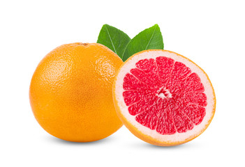 pink orange or grapefruit with leaf isolated on white background . full depth of field
