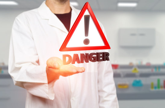 Young white scientist holding a red danger triangle warning sign on a blurred laboratory background 3d rendering. Concept for genetic engineering and gene manipulation threats.