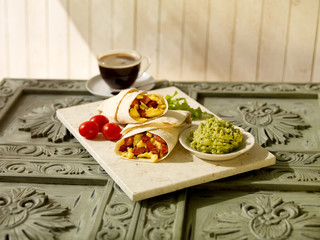 Bacon & Scambled Egg Wraps with coffee & Creamed Avocado