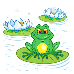 Fototapeta premium Summer lake. Funny green frog sitting on the big leaf among the lilies. In cartoon style. 