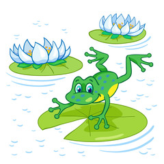 Summer lake. Funny green frog jumping at the big leaf among the lilies. In cartoon style.