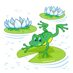 Fotobehang Summer lake. Funny green frog jumping at the big leaf among the lilies. In cartoon style. © Shvetsova Yulia